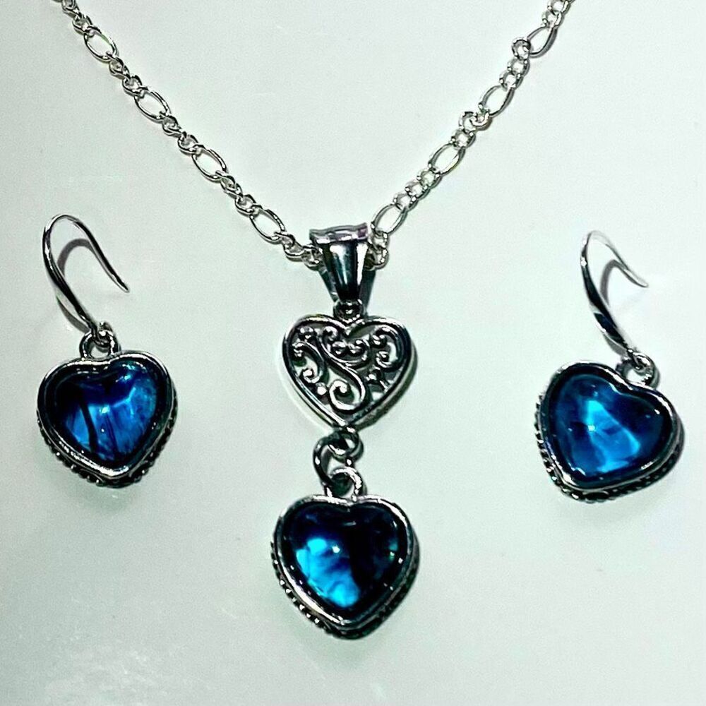 AWV Deep Blue Ink Heart & 925 Silver Necklace & Earrings